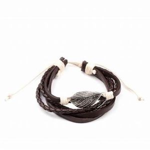 Silver leaf and brown leather adjustable sliding knot bracelet.